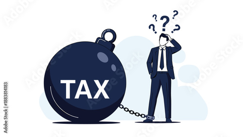 Stressed businessman standing with a questioning expression chained to a heavy black ball labeled tax representing financial debt burden.
