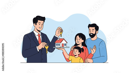Professional realtor in a suit handing over house keys to a happy family with a small child standing in front of their new home model.