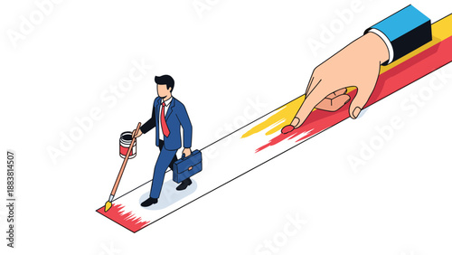 Career guidance concept showing a small businessman painting his own path while a giant hand helps color the road for his success.