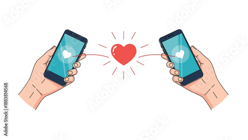 Online dating concept featuring two hands holding smartphones that are connected by a glowing red heart icon on a white background.