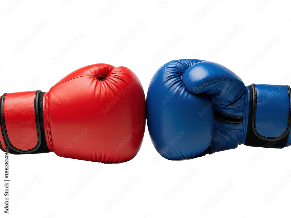 Obraz premium Red and blue boxing gloves facing each other in confrontation pose isolated on transparent background