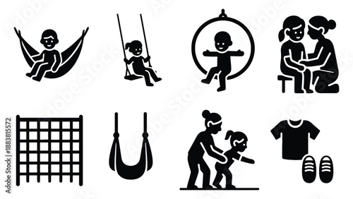 A set of black silhouettes depicting children playing and having fun