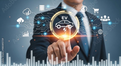 A businessman interacts with a futuristic digital interface featuring an electric vehicle icon and various technology and business symbols, representing innovation and data-driven solutions.