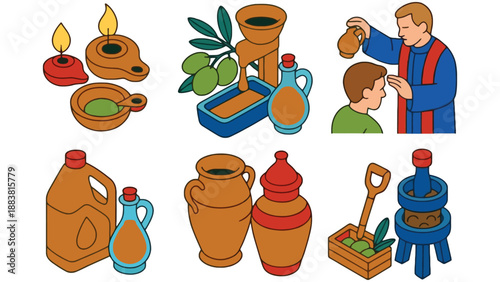 A colorful illustration of various oil containers and uses