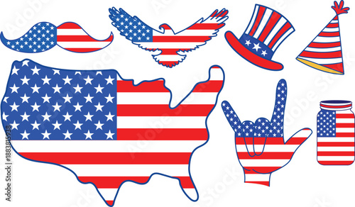 USA map silhouette with American flag pattern, bald eagle and patriotic celebration symbols.