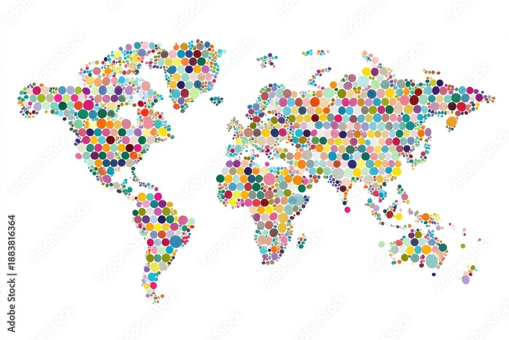 Fototapeta premium A mosaic map of the world constructed from a multitude of colorful circles, isolated on white