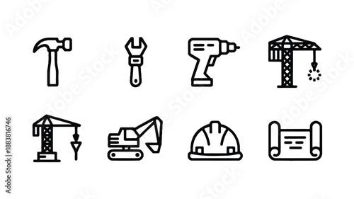 Clean minimal outline icon set of universal concepts. Simple vector graphics for business, technology, and communication, representing ideas and actions.