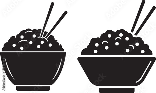 Rice silhouette in bowl with chopsticks icon set