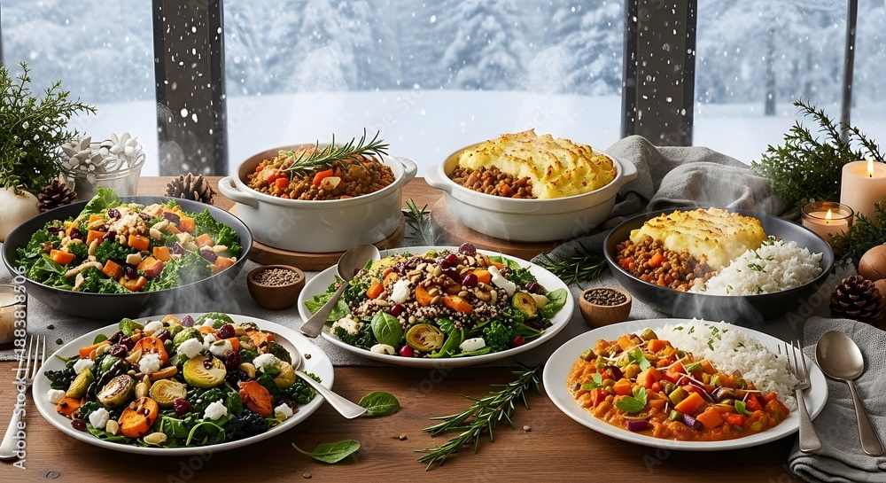 Fototapeta premium Winter feast spread on a wooden table by the window