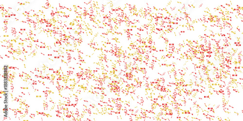 Energetic burst of red and gold confetti and streamers creating a festive atmosphere on white.