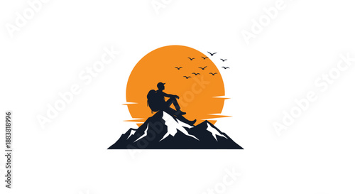 Silhouette of a person sitting on a mountain peak.