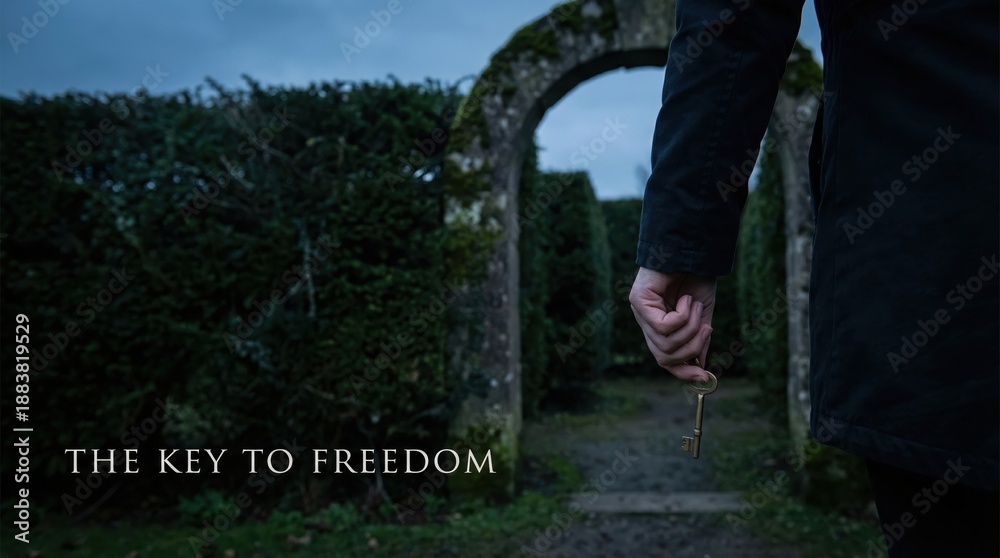 Obraz premium woman decide entrance dark maze concept. A hand holding a key near a hedge archway and dark sky.