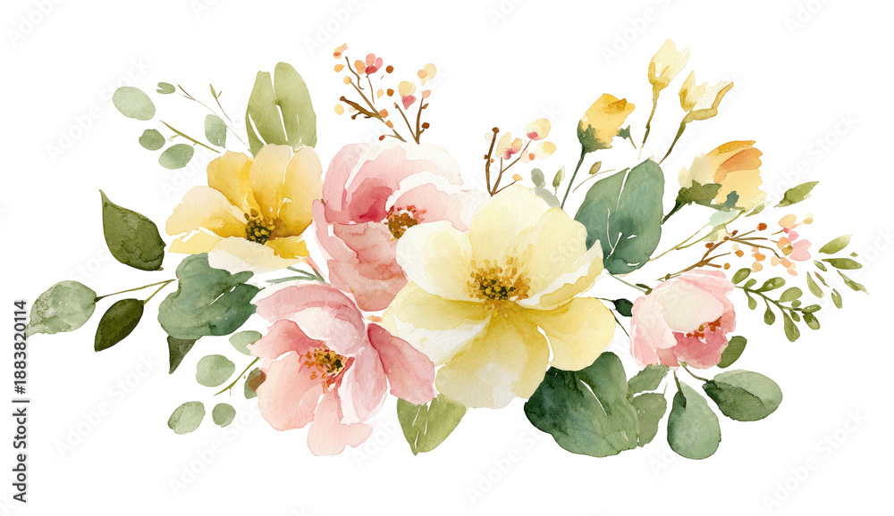 Fototapeta premium Watercolor floral arrangement with pale pink and yellow blooms, green foliage, and black background