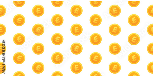 Seamless pattern with golden Pound Sterling coins. Luxury British currency background for finance, banking, United Kingdom economy, and wealth concept. Golden money texture for rich design