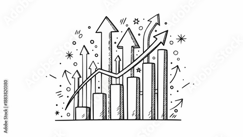 Hand drawn bar chart with upward trending arrows and stars.