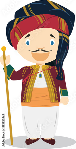Historical Oriental Poet Character Illustration in Traditional Turban and Robes with Staff
