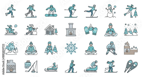A collection of 30 blue and gray vector icons depicting various people engaging in winter sports and activities on a white background with a mix of symbols and logos.
