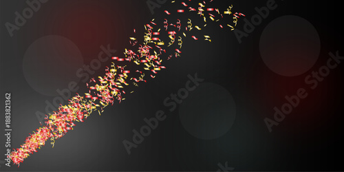 Festive diagonal stream of red and gold confetti and streamers, great for party invitations and banners