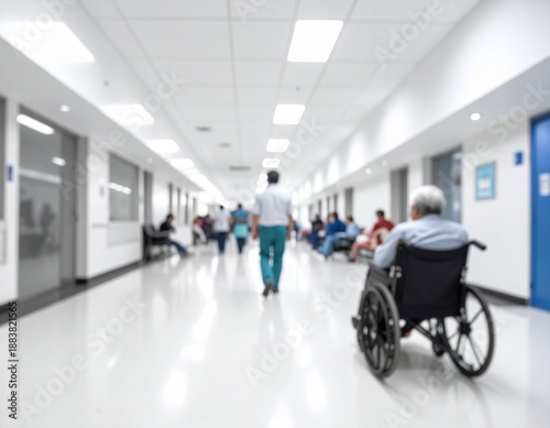 Blurred image of a hospital waiting area with many people
