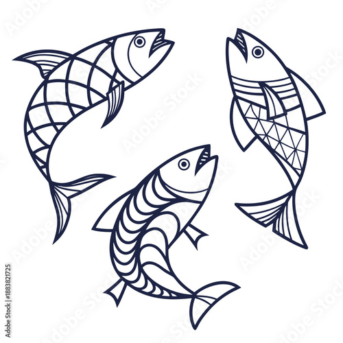 Abstract Geometric Fish Illustration Set with Tribal Pattern Details and Modern Line Art, Stylized Marine Life Sea Food and Ocean Symbol Vector Design.
