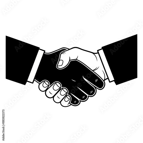 Black and white illustration of two hands shaking in a business agreement