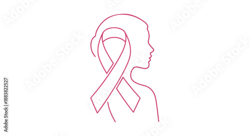 A minimalist pink line drawing of a woman's head and shoulders with a ribbon tied around her head, symbolizing support for breast cancer awareness on a white background.