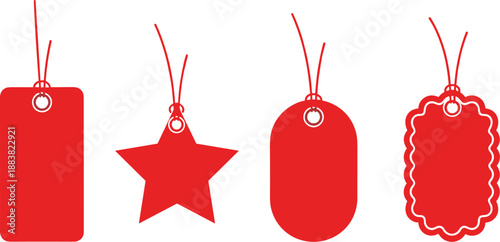 Red tag set, assorted shapes, label design, crafting elements, blank price tags, decorative template, flat vector illustrationRed tag set, assorted shapes, 