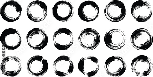 Brushstroke circle set, Zen enso symbols, artistic ink textures, expressive round forms, design elements grid, flat vector illustration
