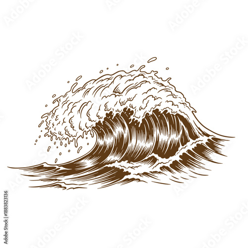 Drawing Vintage grunge  texture Brown illustration of a crashing sea wave on white background  ocean wave crashing with water splashing
