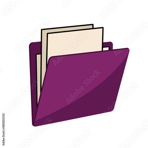 A purple file folder with papers sticking out of it on a colored background