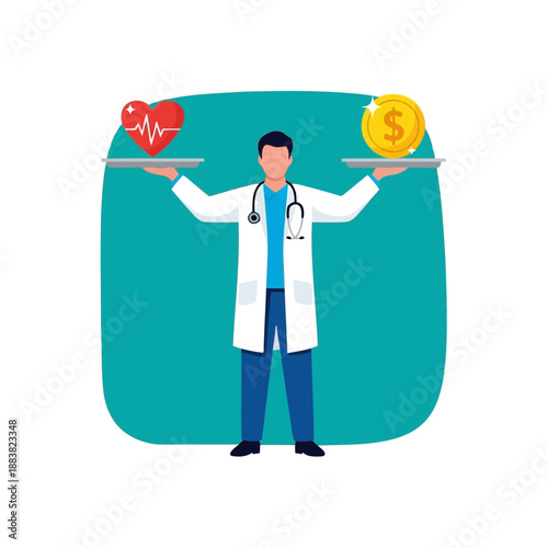 A doctor balancing a heart and a coin on scales, symbolizing healthcare costs and financial medical decisions