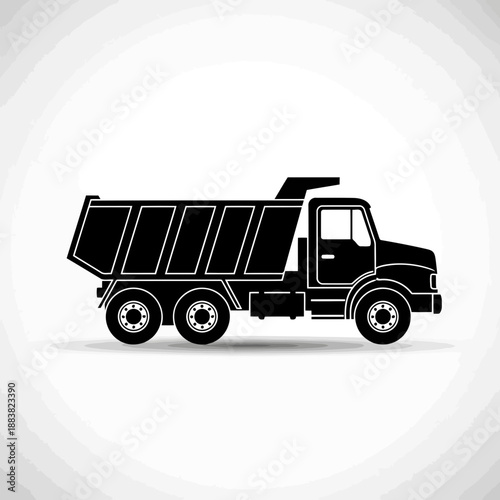 A black dump truck icon on a white circular background with gray shading