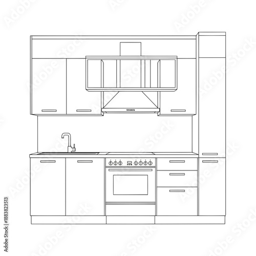 A line drawing of a kitchen with an oven and sink