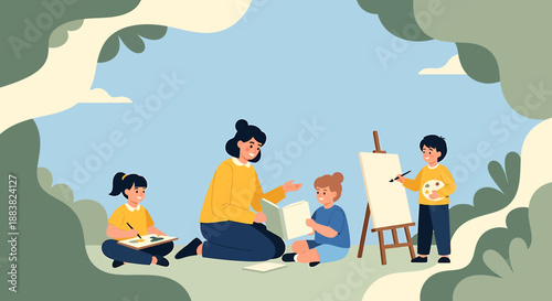 Art class outdoors with teacher and children painting.