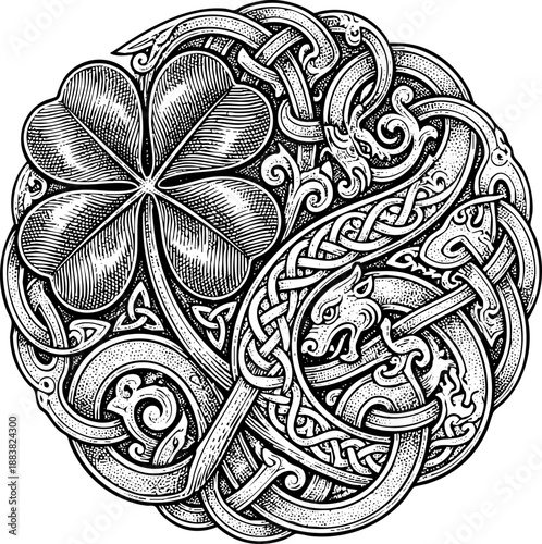 Celtic knotwork pattern with mythological serpent design and four leaf clover charm, engraving style monochrome art for Irish cultural symbols, good luck emblem, tattoo designs, and spiritual projects