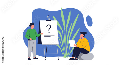 Two people discussing a question mark on a whiteboard.