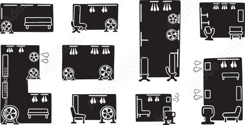 Various living room layouts and furniture arrangements illustrated