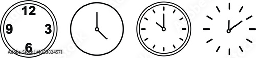 A set of four simple black and white line art icons depicting different analog clock faces for time and scheduling concepts.