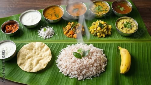 Traditional South Indian Sadhya feast served on a banana leaf with steaming hot rice and curries
