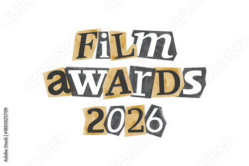 Film award 2026 magazine cutout message clip art. Vector illustration with text, title for international movie festival, awards, best film in 90s design for sticker, print, badge