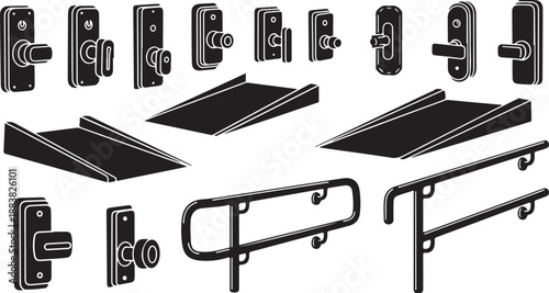 Door hardware and accessories in black and white illustration
