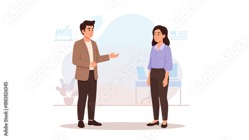 Business Meeting: Man Explains, Woman Listens in Modern Office Setting