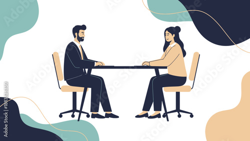 Business meeting: man and woman sitting at table, interview or discussion