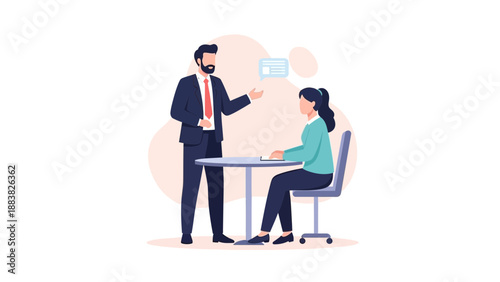 Business meeting: man explains to woman sitting at table, discussion, planning