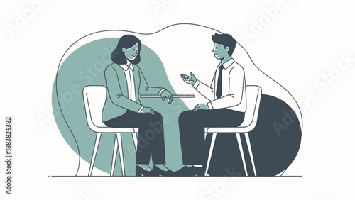 Business meeting illustration: two professionals discussing ideas in a modern office setting.