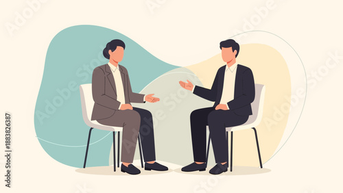 Business meeting illustration: two professionals discussing ideas in a modern office setting.