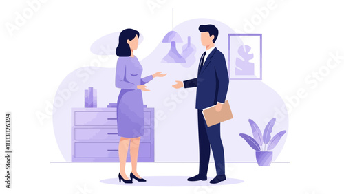 Business meeting illustration: two professionals discussing ideas in an office setting.