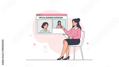 Virtual Business Interview Flat Illustration: Woman Interviewing Candidate Online