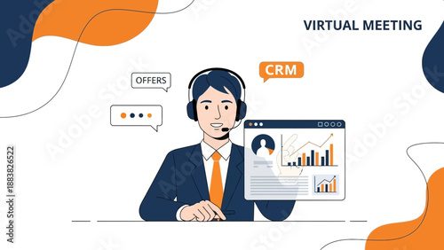 Virtual Meeting: Businessman with CRM and Charts on Screen, Online Communication