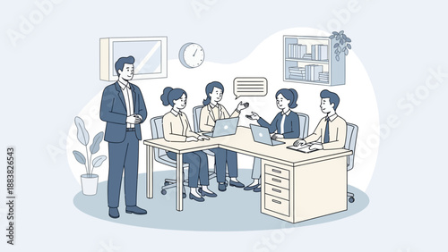 Business meeting in modern office with diverse team collaborating around table